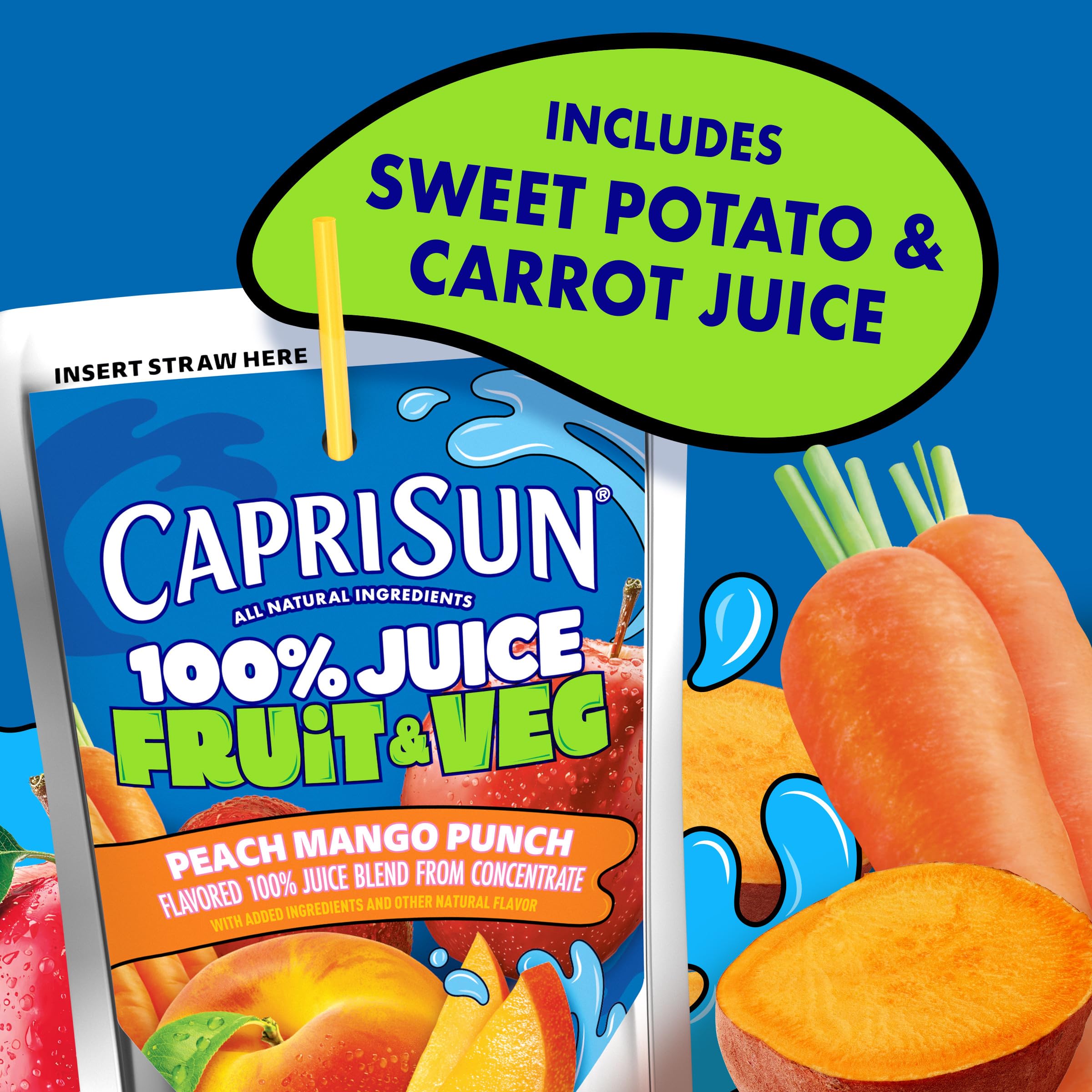 Capri Sun 100% Juice Fruit & Veg Juice Blend from Concentrate, 10 Pouches, for School Lunches and On-the-Go Hydration, Peach Mango Punch, All Natural Ingredients, Zero Added Sugars, 6 oz