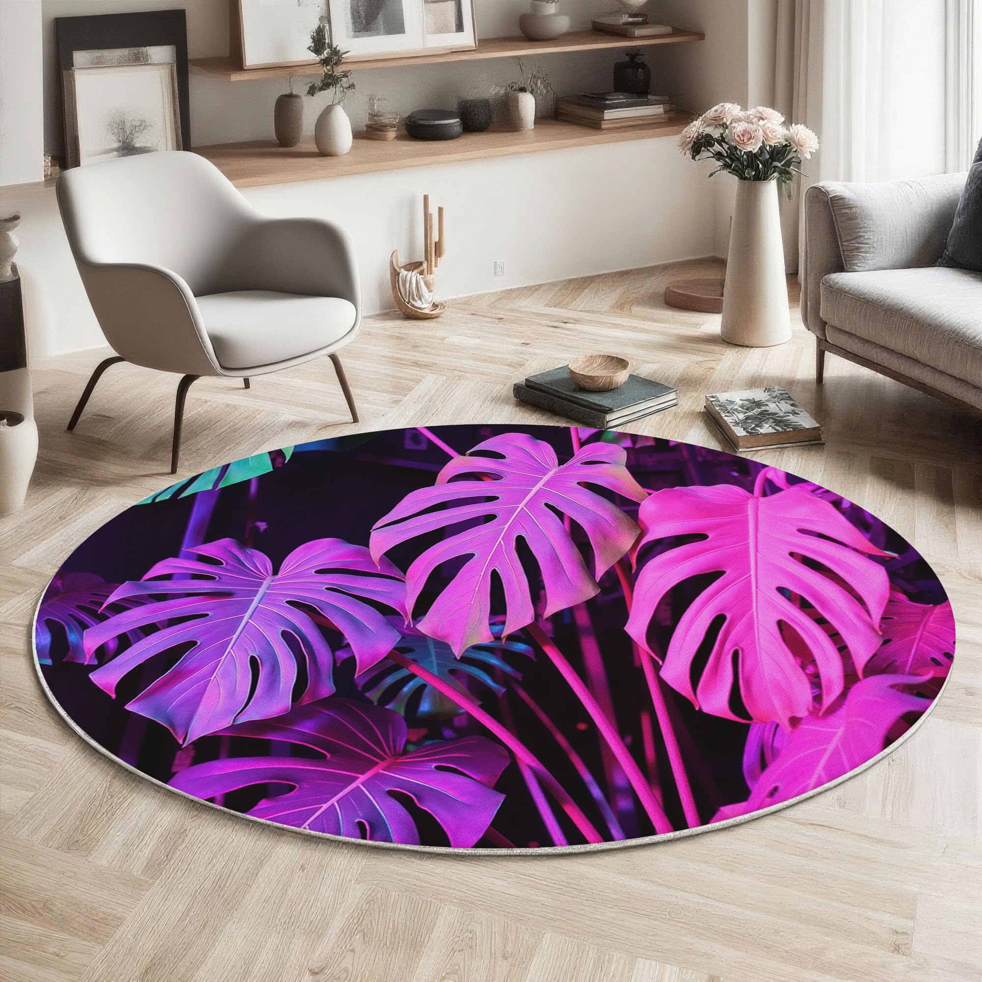 Tapis de salon rond haut de gamme au design Monstera rose et violet