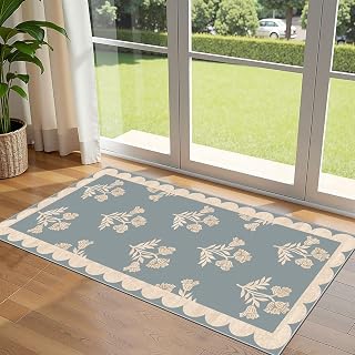 Front Door Mat Indoor Entrance - 2x4.3 Ft Floral Washable Layered Doormat Outdoor Entrance Porch Rug Non-Slip Blue Retro Farmhouse Runner Rug for Kitchen Bedroom Laundry Room Porch Decor