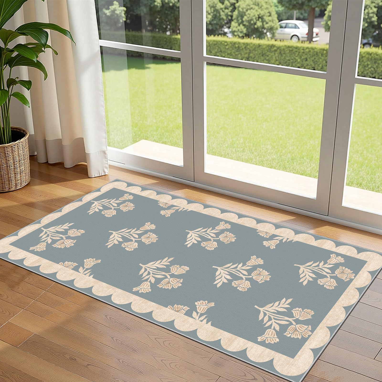 Othilic Front Door Mat Indoor Entrance - 2x4.3 Ft Floral Washable Layered Doormat Outdoor Entrance Porch Rug Non-Slip Blue Retro Farmhouse Runner Rug for Kitchen Bedroom Laundry Room Porch Decor