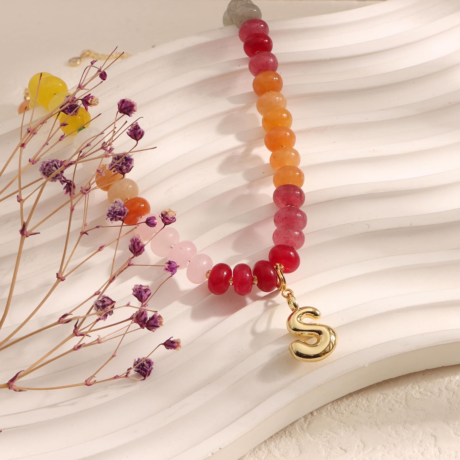 Colorful Beaded Necklaces for Women Summer 14K Gold Detachable Initial Bubble Letter Pendant Rainbow Natural Gemstone Necklaces Jewelry Gift