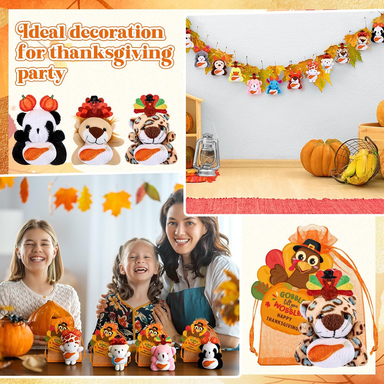 Soulchen 72 Pcs/24 Set Fall Thanksgiving Gifts Mini Stuffed Animals Friendsgiving for Students Autumn Turkey Small Plush Stuffed Toy & Turkey Card and Bags for Classroom Gift Thanksgiving Party Favors
