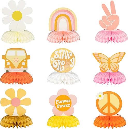 A1diee 9 piezas Groovy Hippie Boho Party Honeycomb Centers Retro Boho Rainbow Daisy Flower Butterfly Peace Theme Decoración de fiesta de cumpleaños