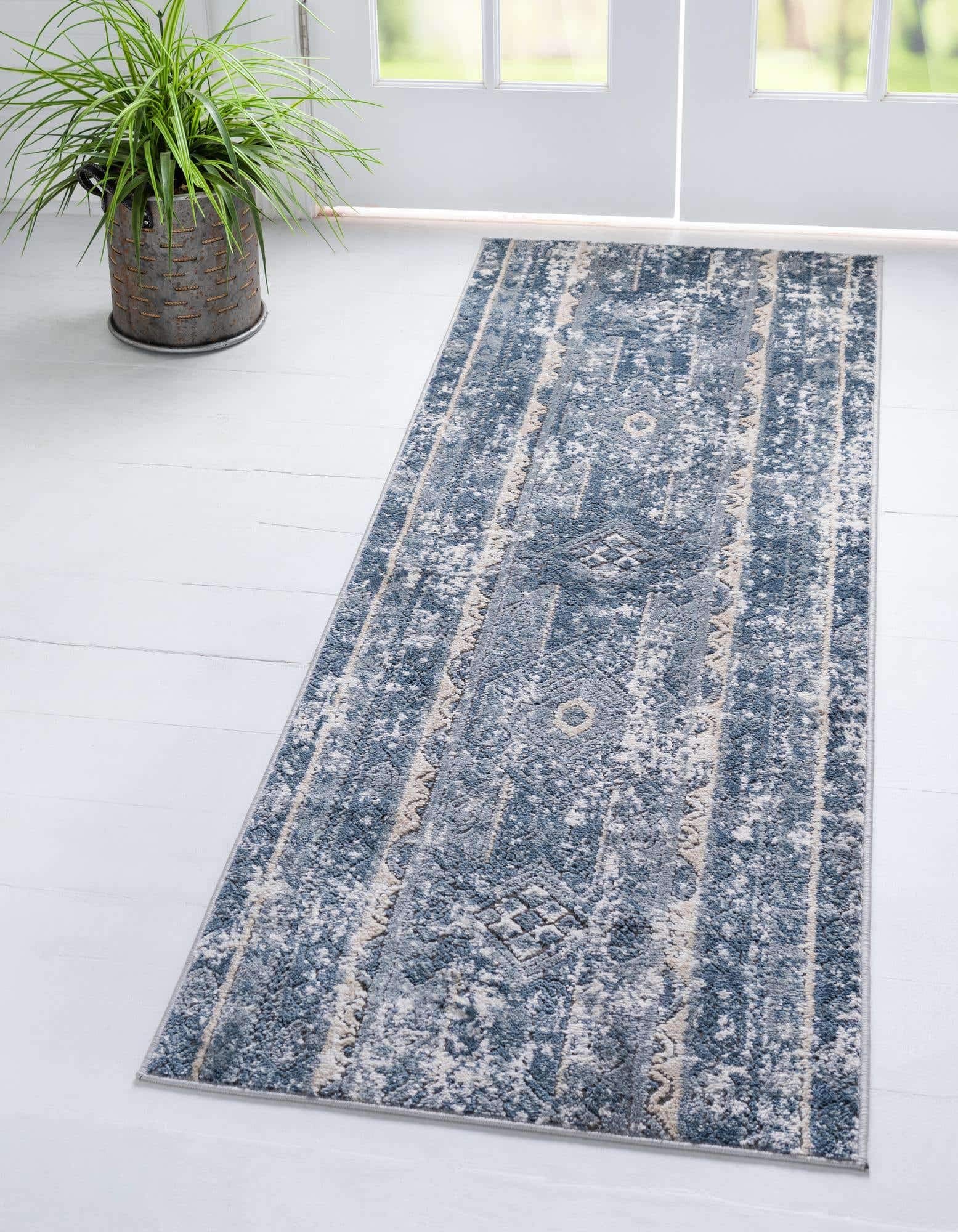 Unique Loom Portland Collection Area Rug - Depoe (2' 2" x 12' Runner, Blue/ Beige)
