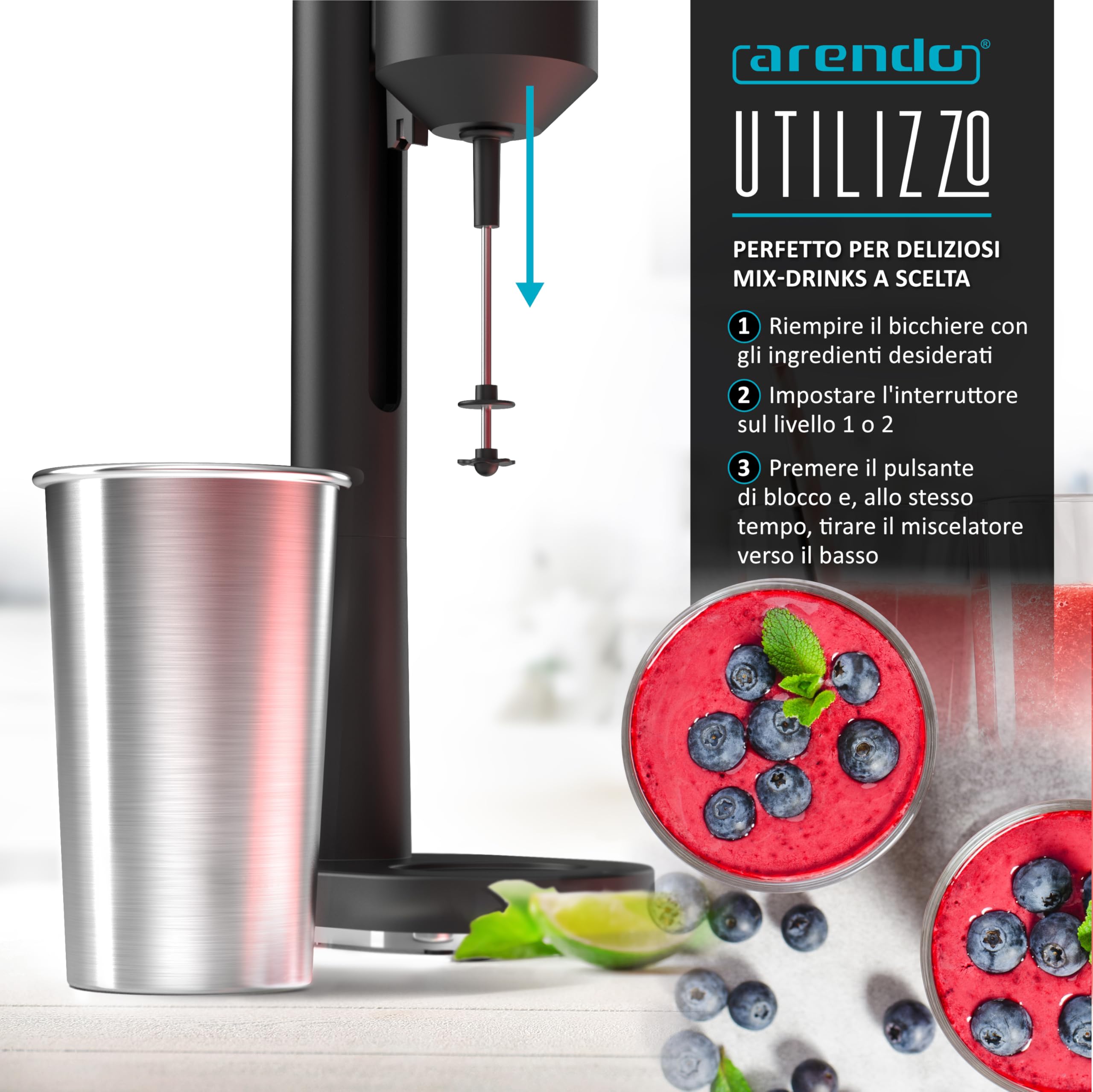 Arendo - Frullatore per bevande - Drink Mixer - Brocca da 500 ml - 100 W - 22.000 giri min - 2 regolazioni di velocità - Smoothies Milkshake Cocktail