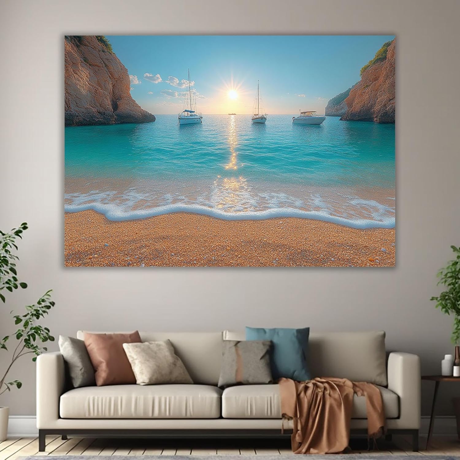 JGKBBSY(へはぼそ) ブルー、イエロー 海 アートパネル, 船の海の山 海