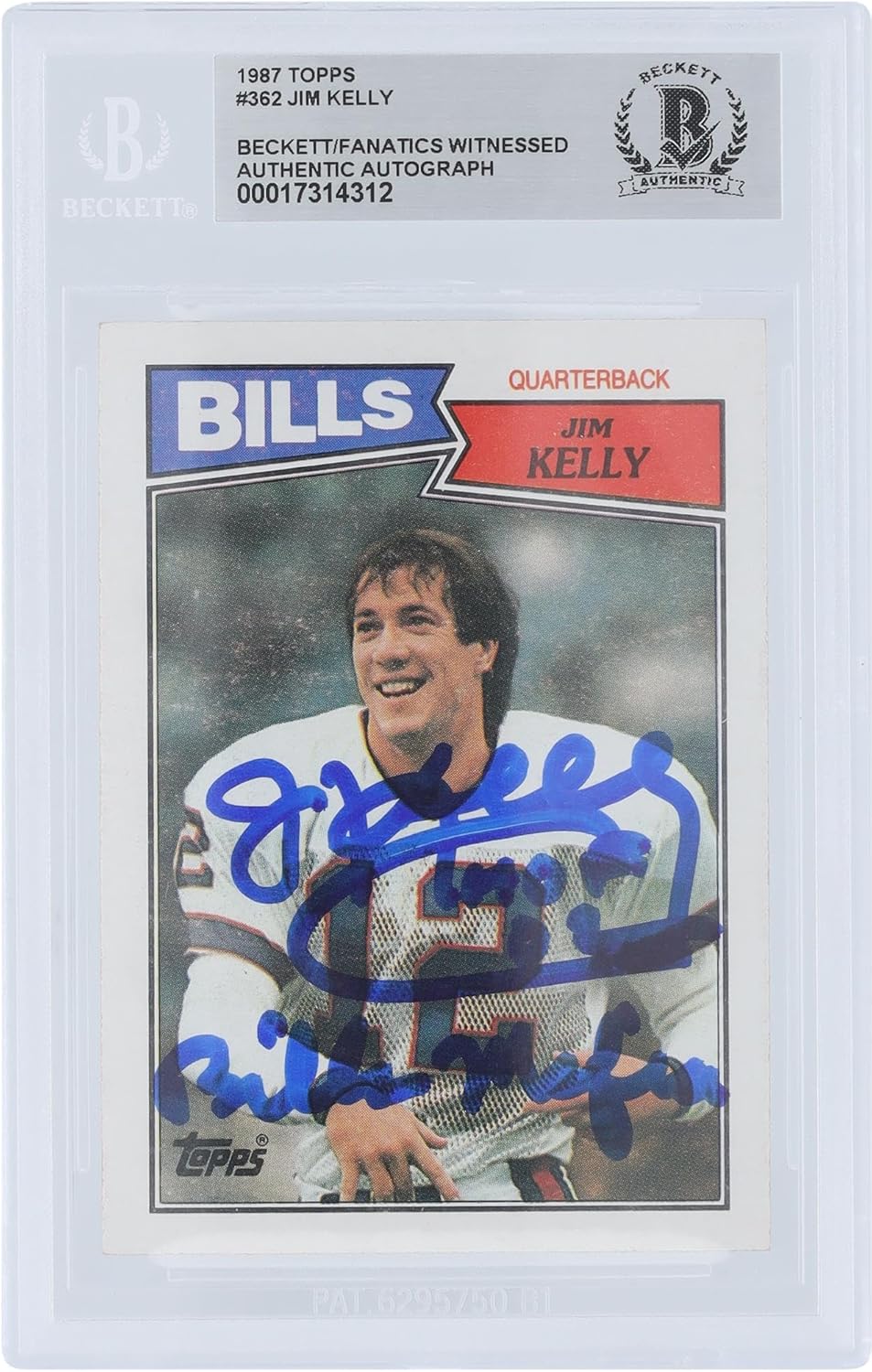 Jim Kelly Buffalo Bills Autographed 1987 Topps #362 Beckett Fanatics Witnessed Authenticated Rookie Card with "HOF 02/Bills Mafia" Inscription - Football Slabbed Autographed Rookie Cards