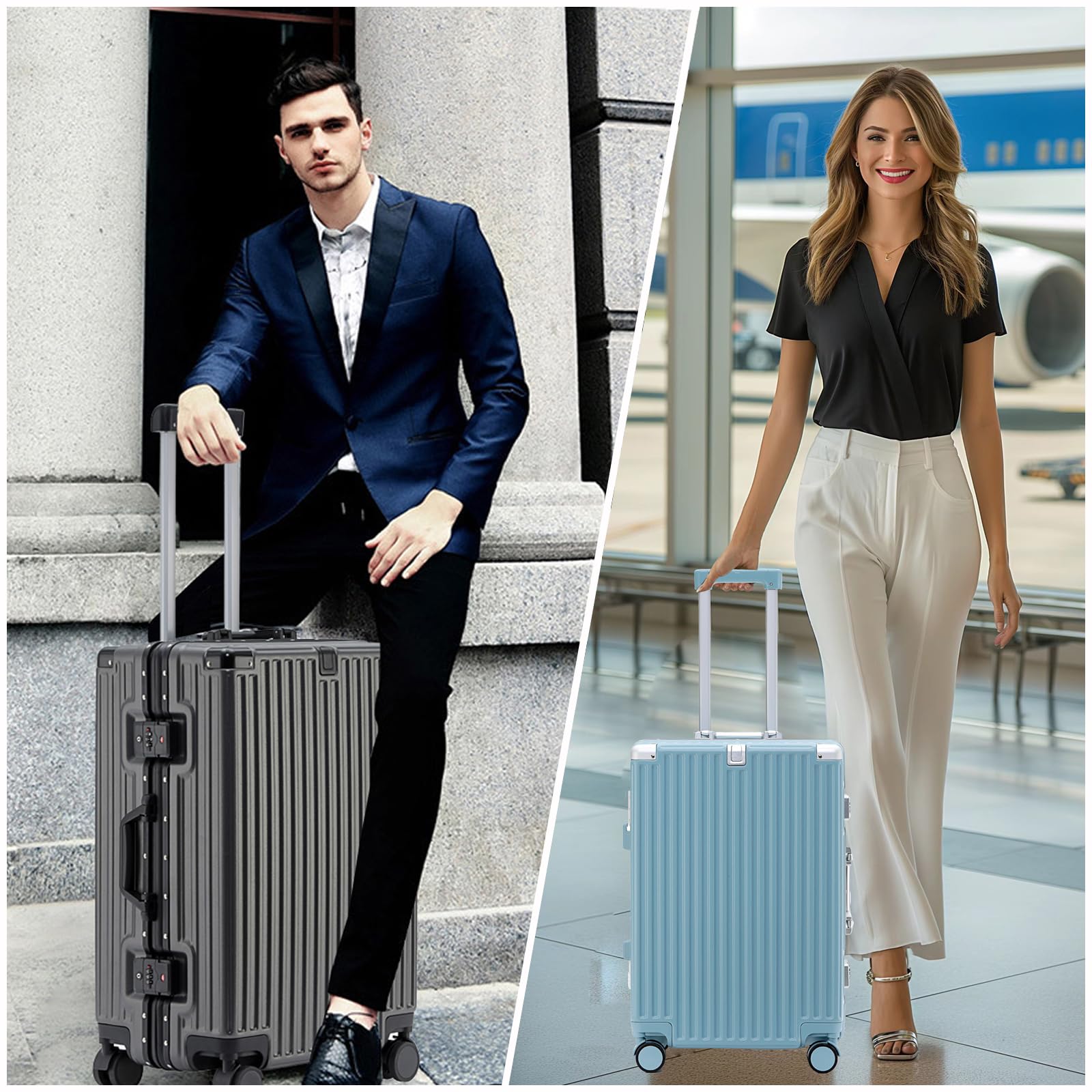 Valise De Voyage Roulette Suitcase Valise Cabine Valise Moyenne Taille Valise sans Fermeture Éclair avec Porte-Gobelet, Support pour Téléphone Portable Et Port De Charge USB,Bleu,26in