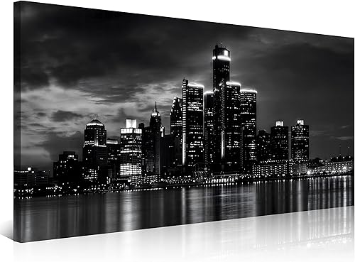 NAN Wind Detroit Skyline - Lienzo decorativo para pared, paisaje urbano, escena nocturna, impresión artística de ciudad en blanco y negro sobre