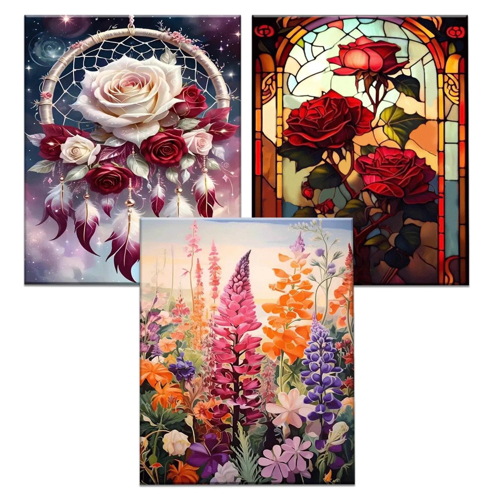 JATOK 3 Pack Paint by Number for Adults - 16x20in/40x50cm, Painting on Rolled Colored Canvas for Beginners, Easy DIY Acrylic Pigment Drawing Paintwork for Home Wall Decor, Flowers (No Frame)