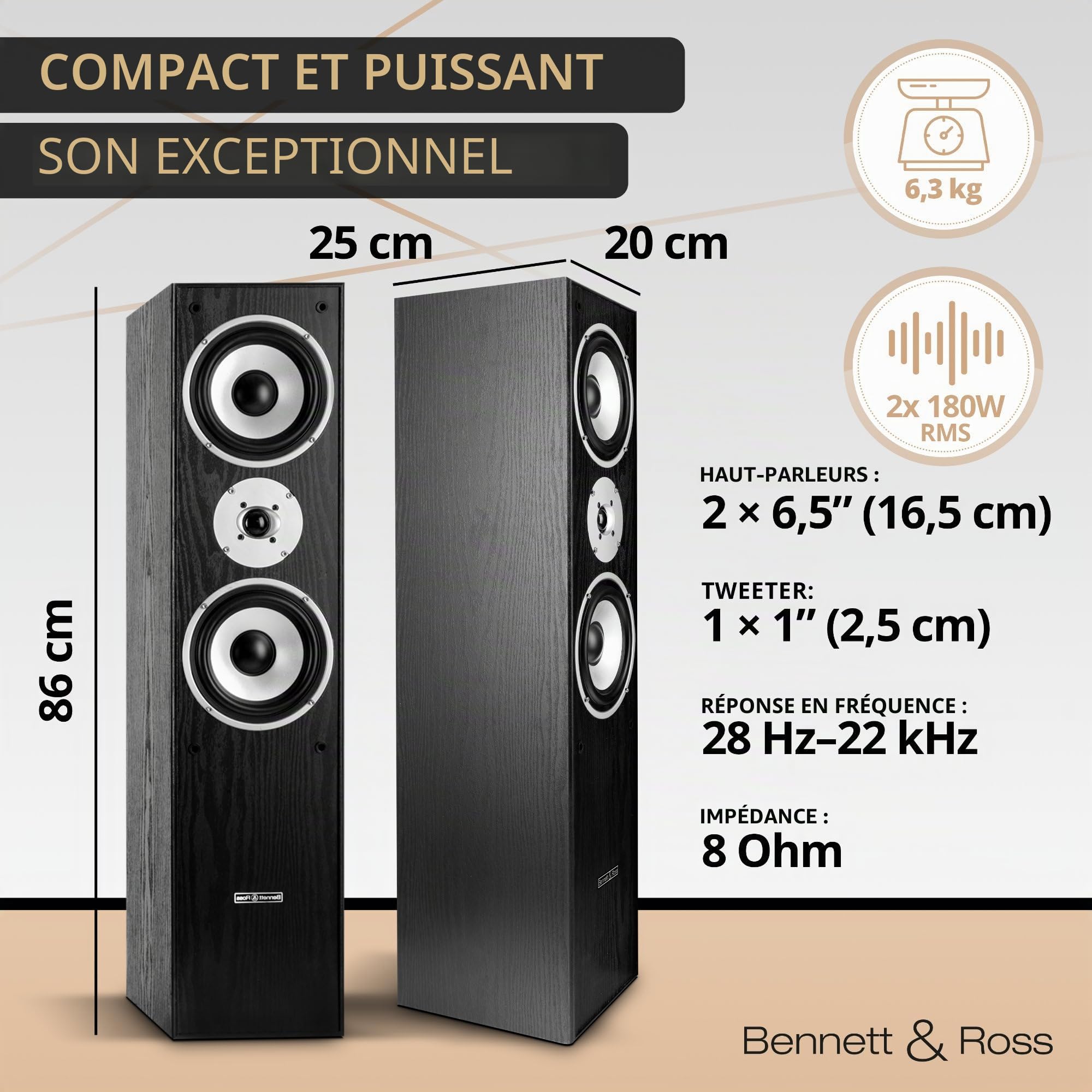 Bennett & Ross Radiant Paire d'enceintes Colonne HiFi 3 Voies (350W RMS, 6,5" woofer, 6,5" médium, 1" Tweeter, Conception Bass-Reflex, Finition Bois veiné) Noir