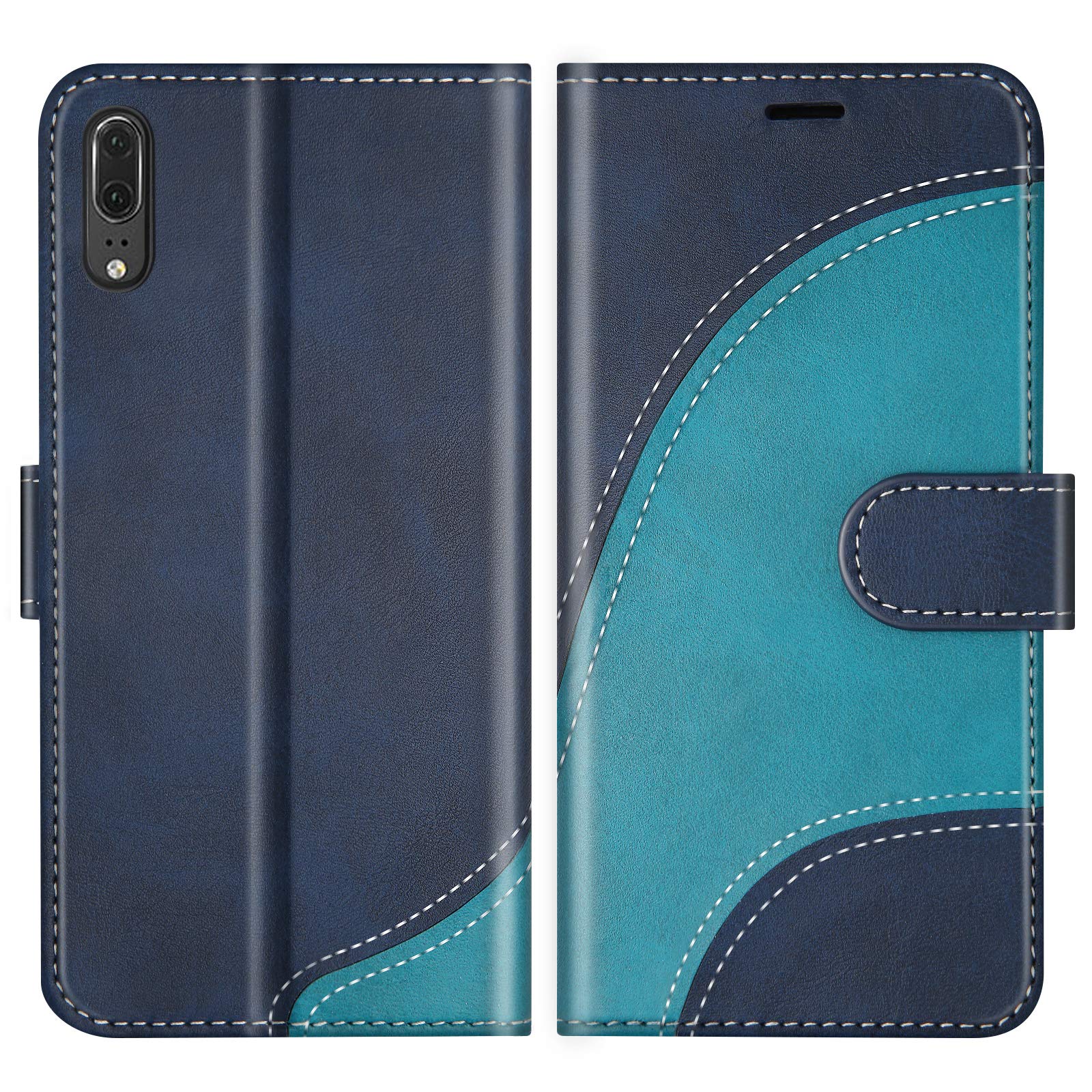 Custodia Flip Per Huawei P20 In Pelle PU Con Portafoglio E Supporto - Blu