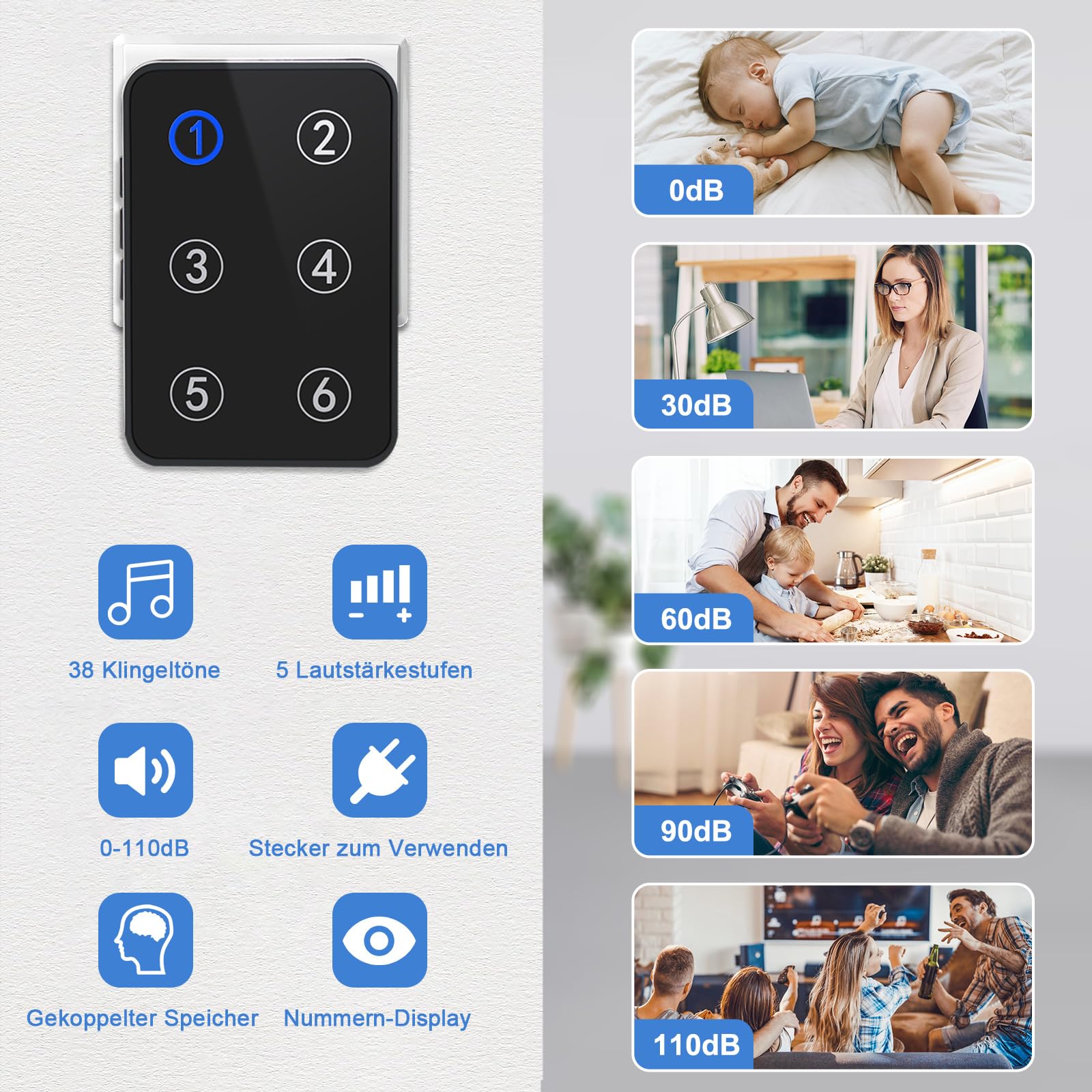 Daytech Elderly Pager, 6-stellige Display-Positionierung, 110 dB, für Zuhause, Pflegeheim, Krankenhaus (1 Empfänger + 6 Tasten)