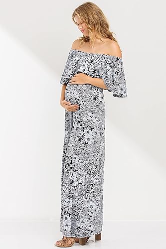 Miniatura 6 de My Bump Vestido de maternidad largo con volantes y hombros descubiertos para mujer, fabricado en Estados Unidos