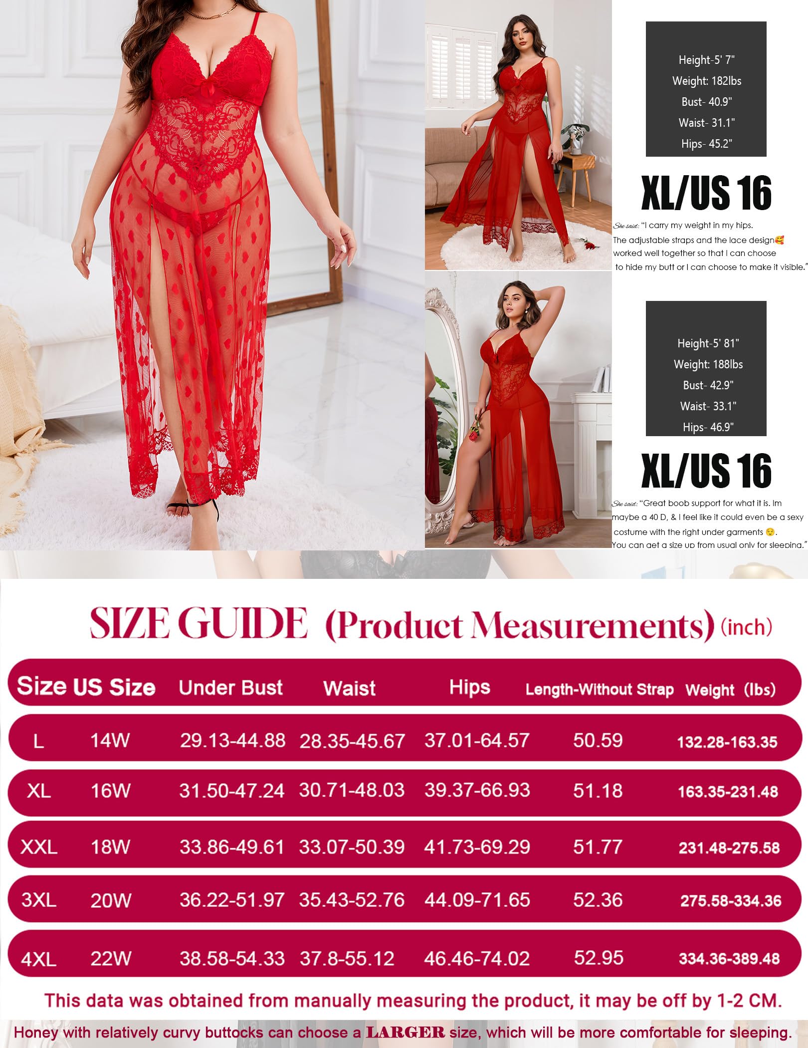 Alrovetoney Plus Size Lingerie For Women Babydoll Sexy Mesh Maxi Nightdress Exotic Sleepwear Side Slits: Red Heart Print XX-Large