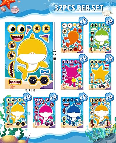 Miniatura 2 de 32 Pieces Funny Shark Stickers Gifts for Kids DIY Make Your Own Face Stickers for Party Favor Birthday Decorations Stocking Stuffers for Boys Girls