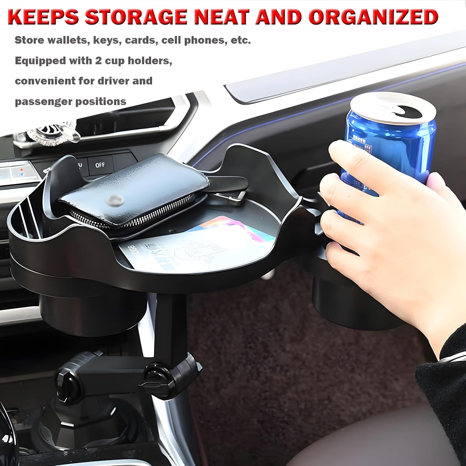 Cup Holder Expander for Car, Degrees Rotate Adjustable Surface Car Tray Table and Drink Holders with Coaster, Apply to All Auto Models Food Trays Eating Truck Accessories US