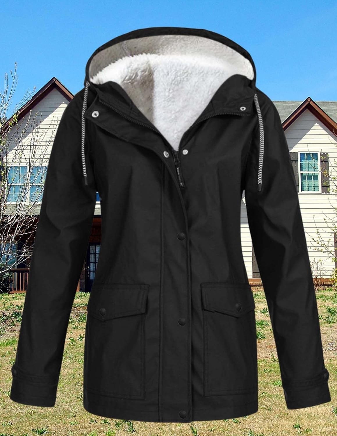 LIZALIG Women Waterproof Rain Jacket - Fall Winter Outdoor Sports Hooded Trench-style Windbreaker Parka Solid Zip Up