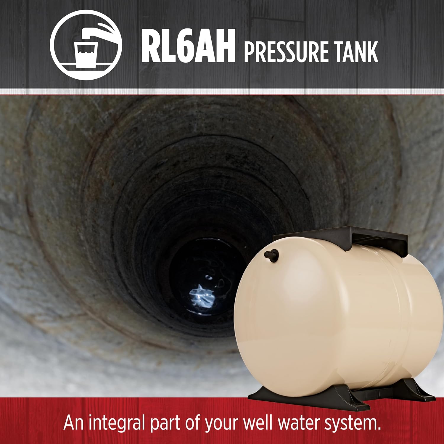 Red Lion RL6AH - 6-Gallon Horizontal Pre-Charged Pressure Tank with Pump Mounting Bracket and Thermoplastic Stand for Well Pumps, 3/4-Inch MNPT System Connection, Almond, 604629