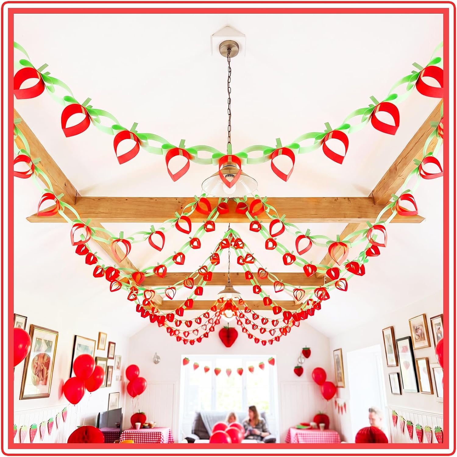 Gueevin 300 Sheets Strawberry Paper Chain Strips Construction Paper Strawberry Party Decorations About 19.6 Feet in Total Length 1 x 8 Inch 2 Colors DIY with 1 Roll Double Sided Tape for Birthday