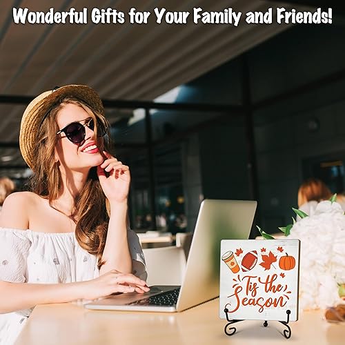 Miniatura 5 de Decoración de otoño, regalos de Acción de Gracias para mujeres y hombres, placa de madera de calabaza de fútbol de otoño con soporte, decoración del