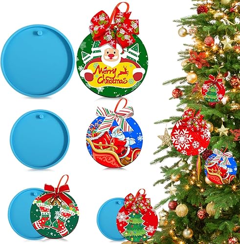 BABORUI Moldes de resina de Navidad, 4 tamaños de adornos de resina epoxi para decoraciones de árbol de Navidad, moldes redondos de resina de