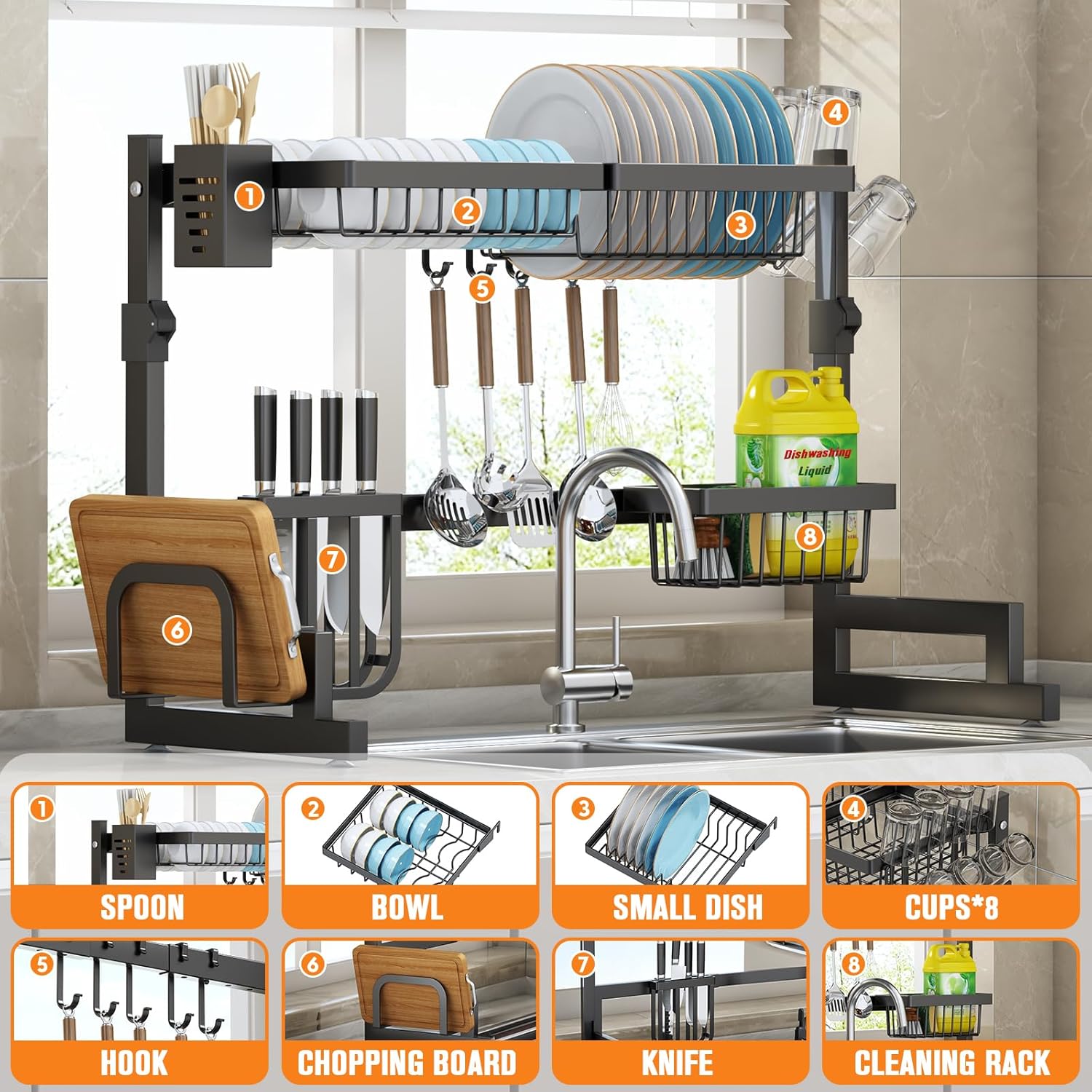 TOPEMAI Over The Sink Dish Drainer Drying Rack - 2 Tier Dish Drying Rack Over The Sink, Snap-On Design, Adjustable Length/Height, Stainless Steel Above Sink Drying Rack for Kitchen Counter, Black