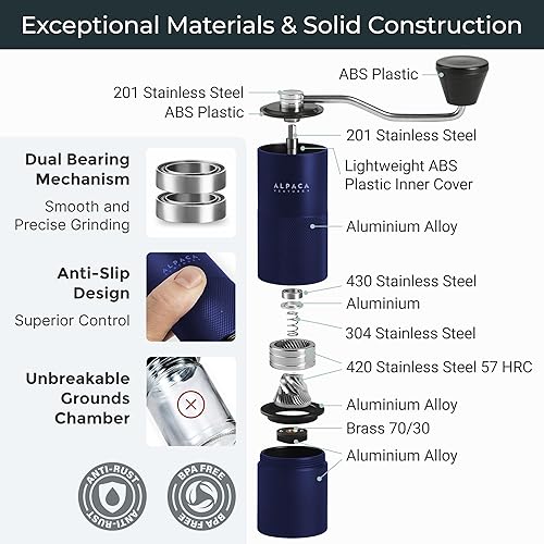 Miniatura 4 de Molinillo de café manual de acero inoxidable con ajuste ajustable, doble rodamiento, molinillo de café manual para el hogar, la oficina y el