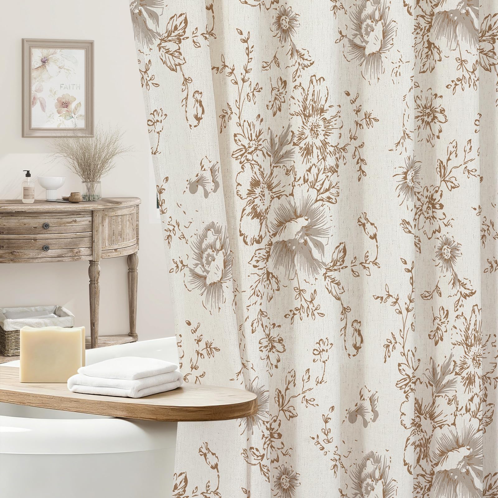 Craidlela Farmhouse Floral Shower Curtain, Small Brown Linen Shower Curtains, Vintage Cottagecore Shower Curtain for Bathroom, Tan Taupe, 36x72