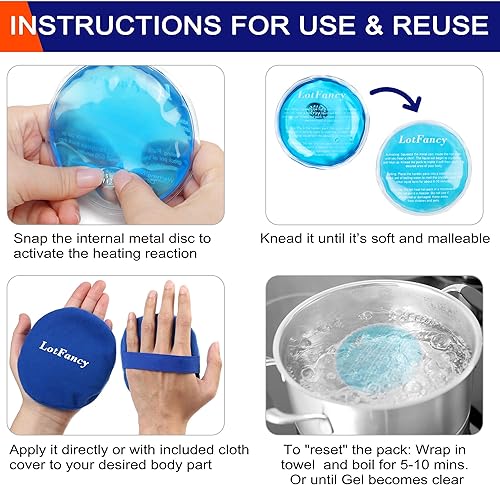 Miniatura 8 de LotFancy Calentador de manos reutilizable, 10 paquetes de calor instantáneo activado por clic y 2 envolturas, compresa de terapia caliente a