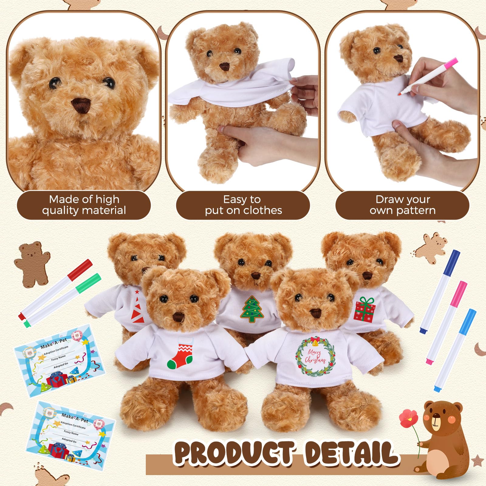 Blueweenly 20 Pcs Make Your Own Stuffed Bear Gift Kit 5 Pcs 9.84 Inches Rose Velvet Bear 5 White T Shirt 5 Set 12 Color Watercolor Pen 5 Paper Card DIY - Image 3
