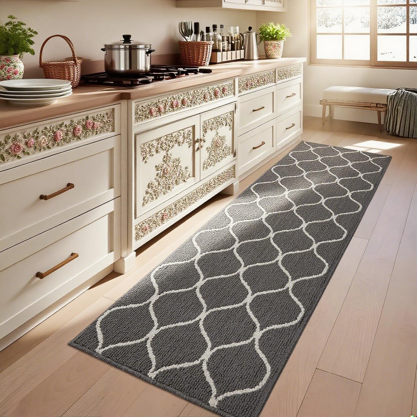 COSY HOMEER Extra Long Kitchen Rug Runner 60 x 180cm, Washable Kitchen Rugs and Mats, Polypropylene Carpet Runner for Kitchen Entryway Hallway Laundry Room, Grey