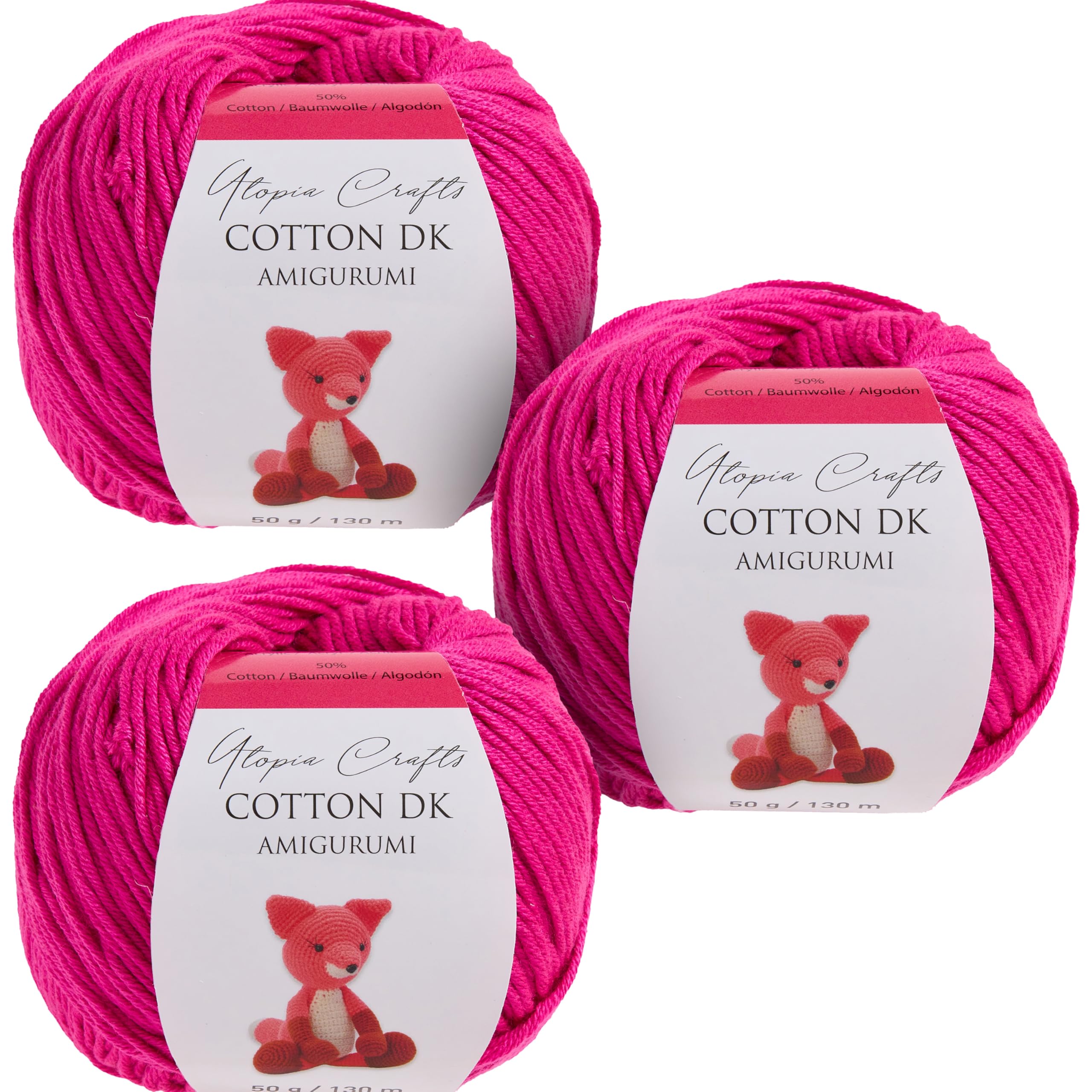 Utopia Crafts Amigurumi Cotton DK Yarn for Crochet and Knitting 50% Cotton, 50% Acrylic Blended, 3X 50g (Strong Pink)