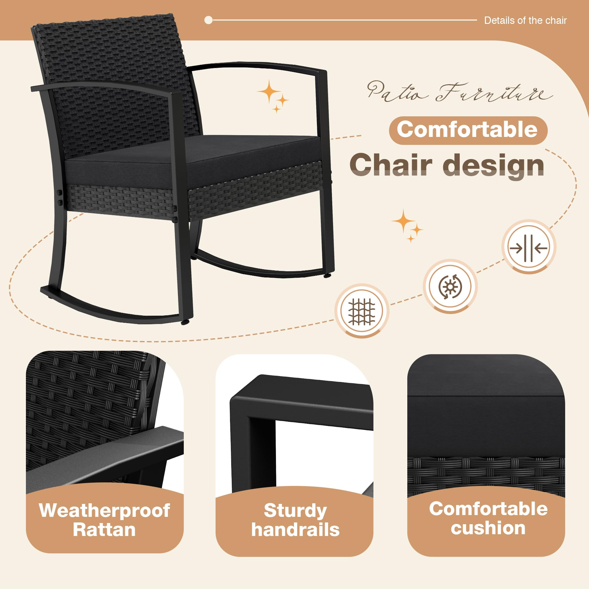 Juego de muebles de exterior de 3 piezas para patio, bistró, mecedoras con mesa de centro de cristal para piscina, playa, patio, balcón, porche, terraza, jardín, color negro 3