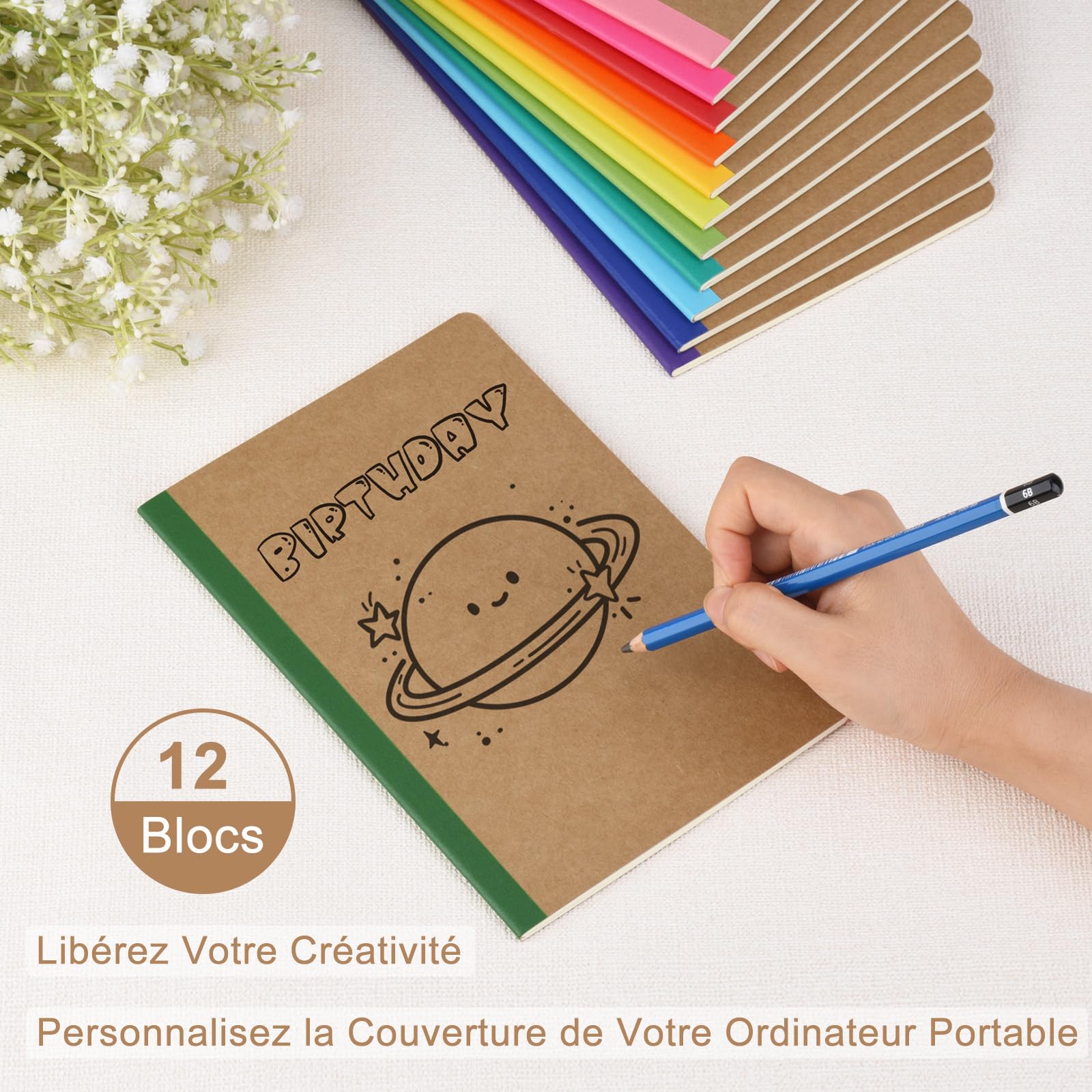 Cahiers Lignés avec Dos Arc-en-Ciel, Lot de 12 Blocs Carnet de Notes, Couverture Kraft, 60 Pages
