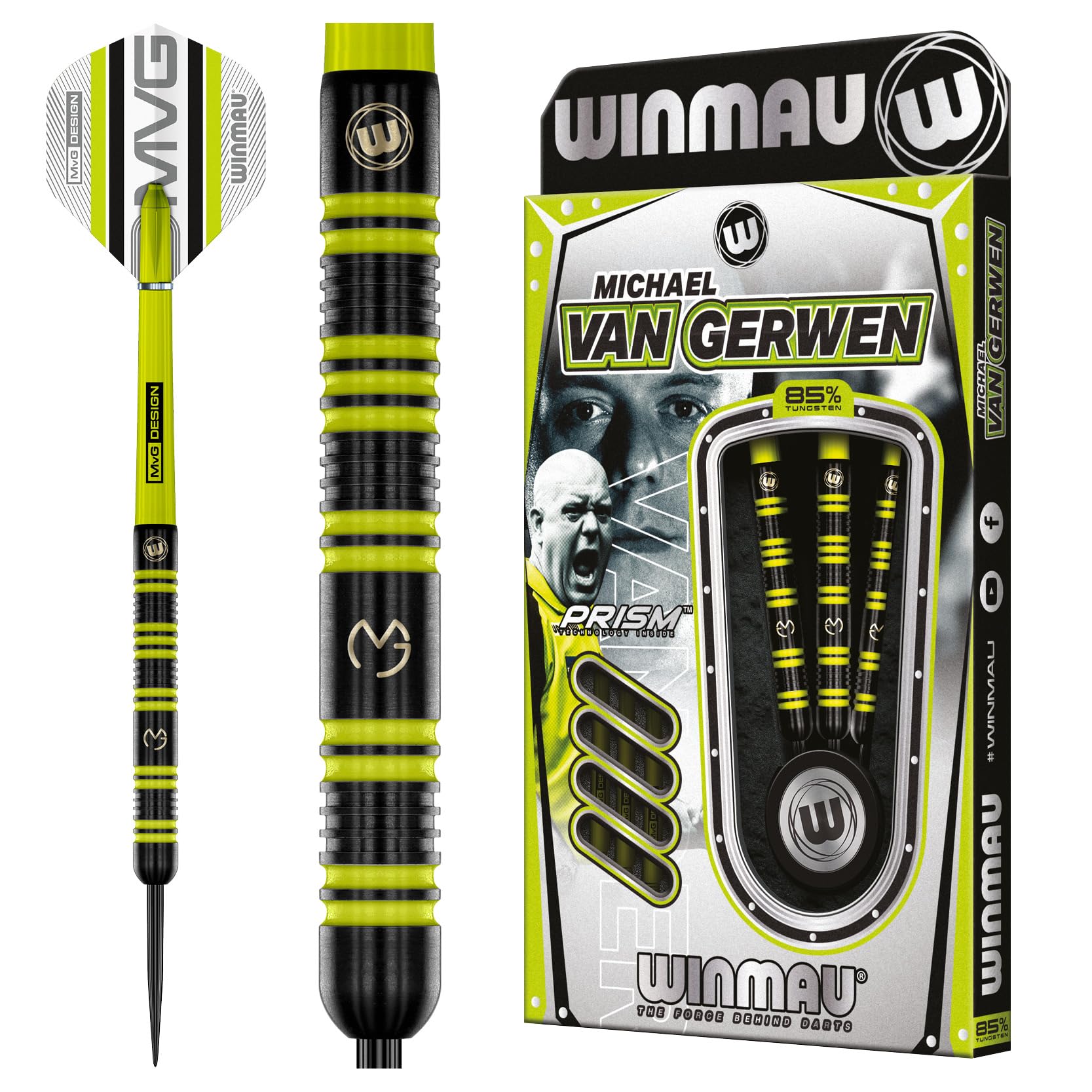 WINMAU - Michael Van Gerwen - MvG - 85% Pro-Series 23g - 85% Tungsten - Professional Darts Set with Dart Flights and Dart Shafts (Stems)