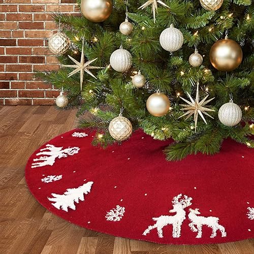 Dremisland Falda de árbol de Navidad, falda de árbol rústica gruesa de punto trenzado para decoración de vacaciones de Navidad, alce 3D y árbol de