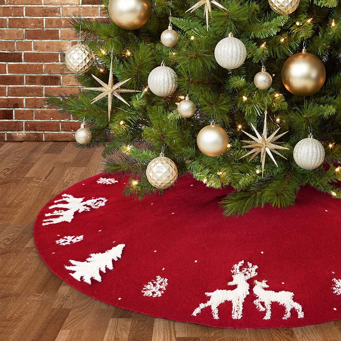 Dremisland Christmas Tree Skirt, Cable Knit Knitted Thick Rustic Tree Skirt for Xmas Holiday Decoration- 3D Elk and Christmas Tree (36in, Red)