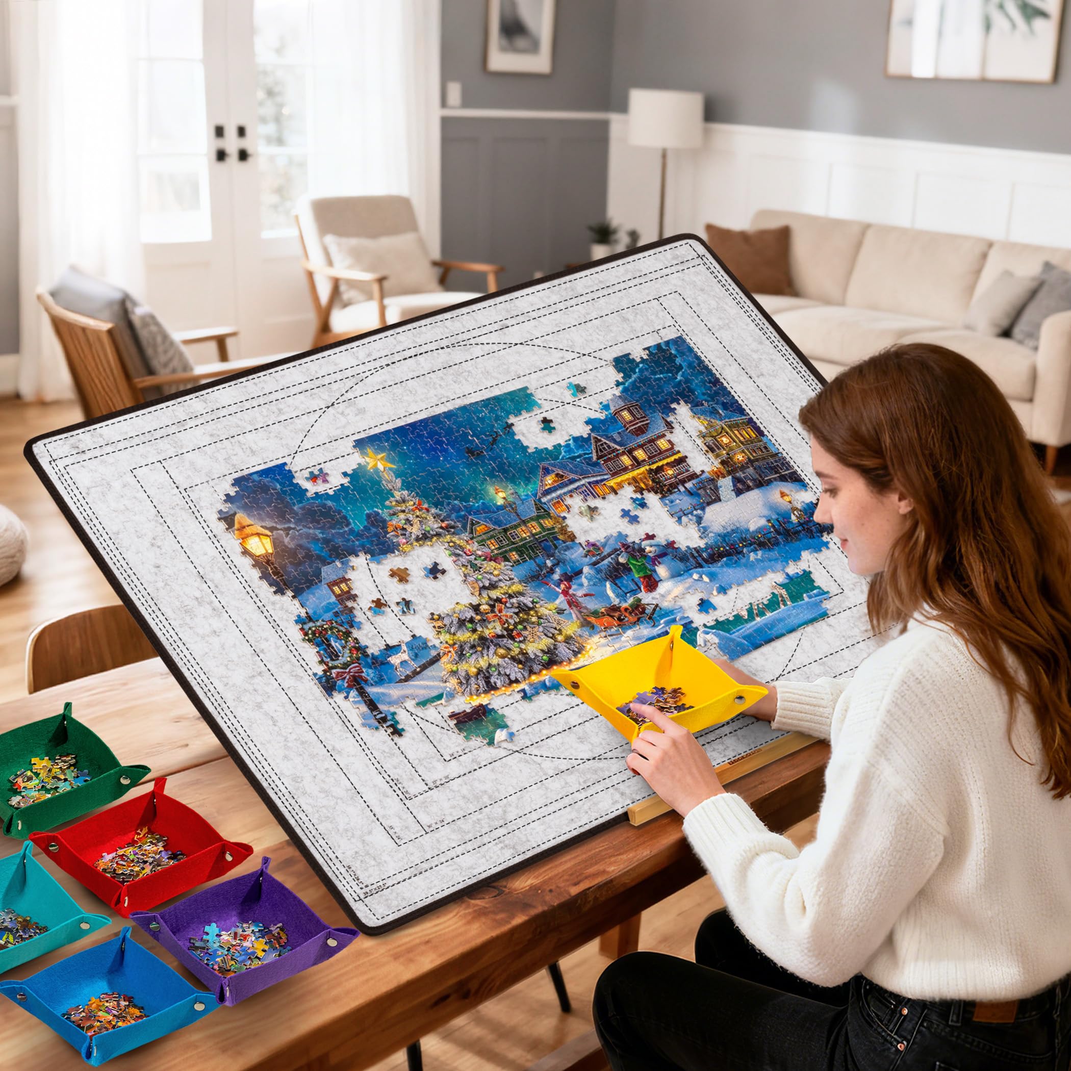 Becko US Planche de puzzle pliable avec 6 plateaux colorés et housse, table de puzzle portable et légère, tapis en feutre avec lignes auxiliaires pour le rangement des puzzles, pour puzzles de 2000