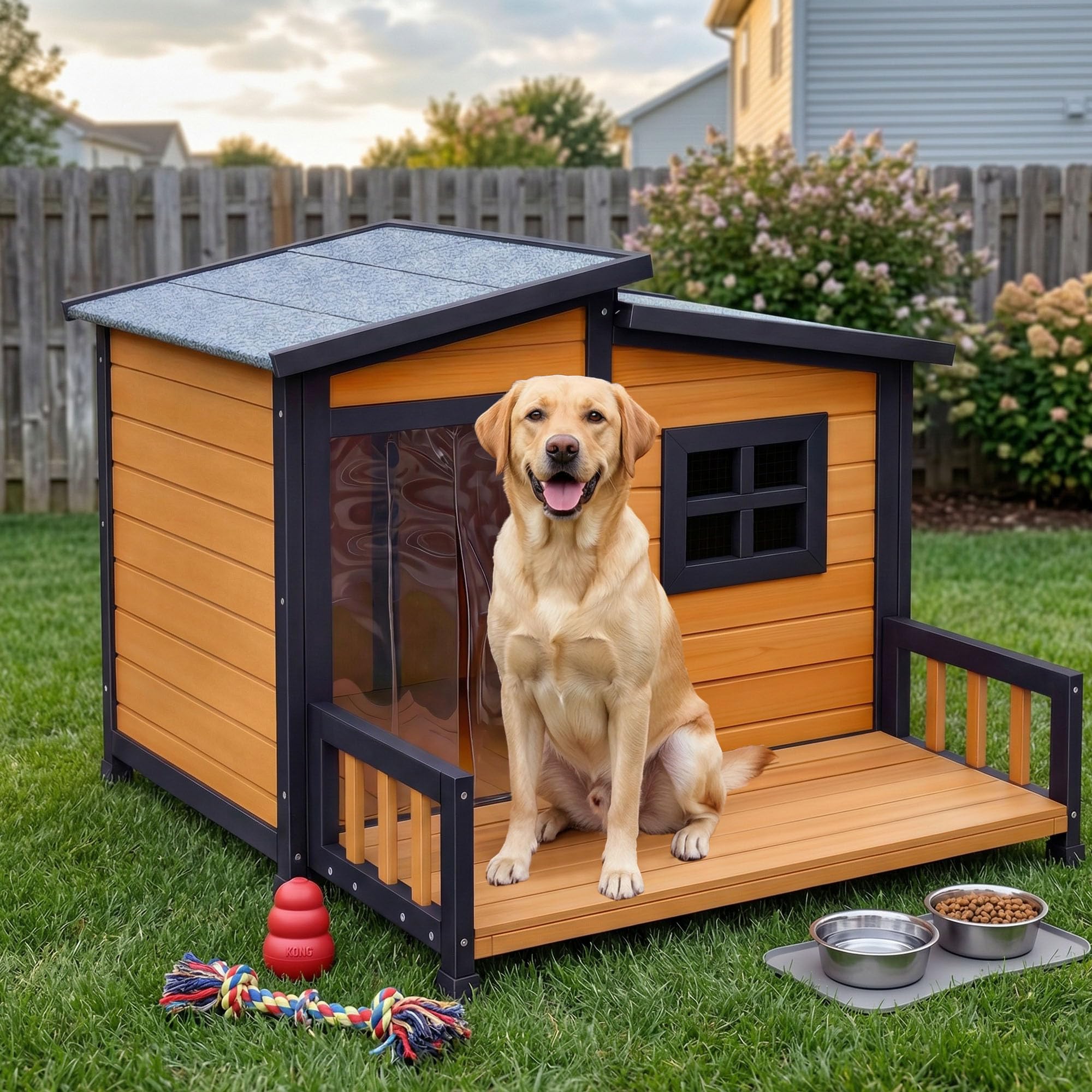 RUNSHED Insulated Outdoor Dog House for Small and Medium-Sized Dogs, Weatherproof Wooden Shelter with Elevated Floor &amp; Ventilation, Easy Assembly (39.3” L x 37.5” W x 30” H)