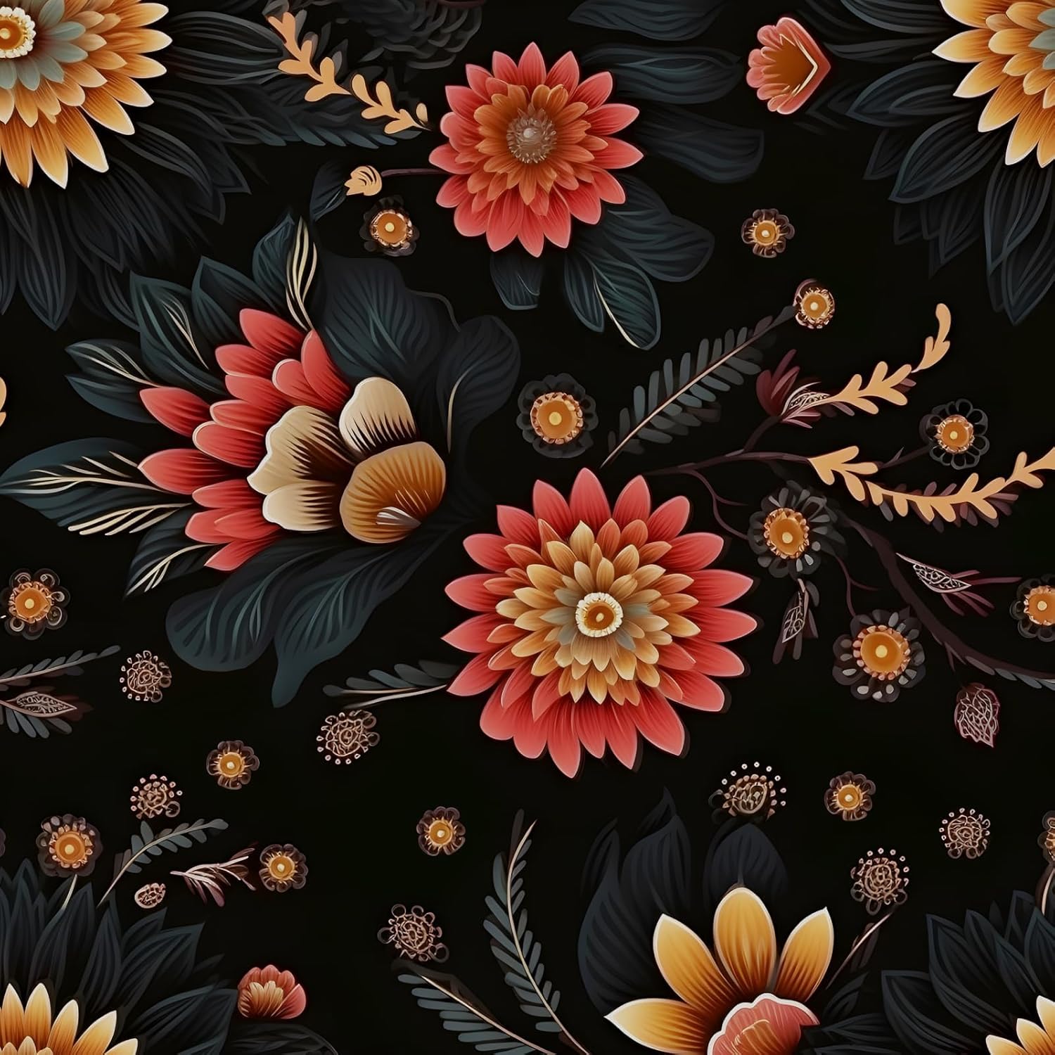 Fvlow Orange Red Floral Peel and Stick Wallpaper Vintage Black Wallpaper Vinyl Wrap Kitchen Worktop Covering Vinyl Self Adhesive Boho Contact Paper for Cabinets Drawers Sticker Decor 17.4" x 118"