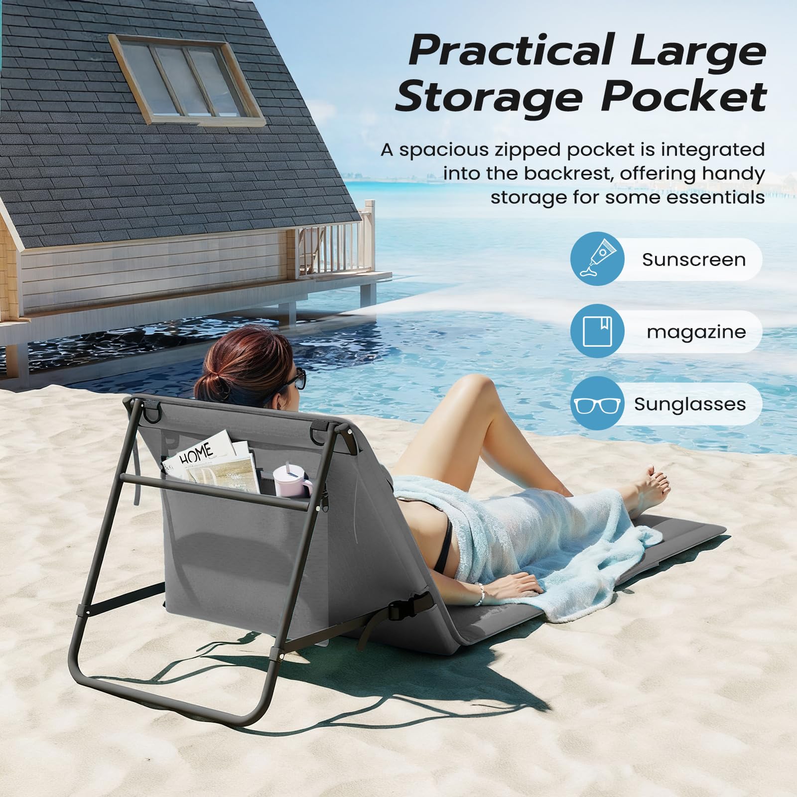 UDPATIO Set di 2 Tappetino da Spiaggia Pieghevole con Schienale Regolabile, Lettino da Spiaggia Reclinabile Leggero con Tasca, Sdraio da Campeggio Portatile per Giardino e Terrazza – Grigio