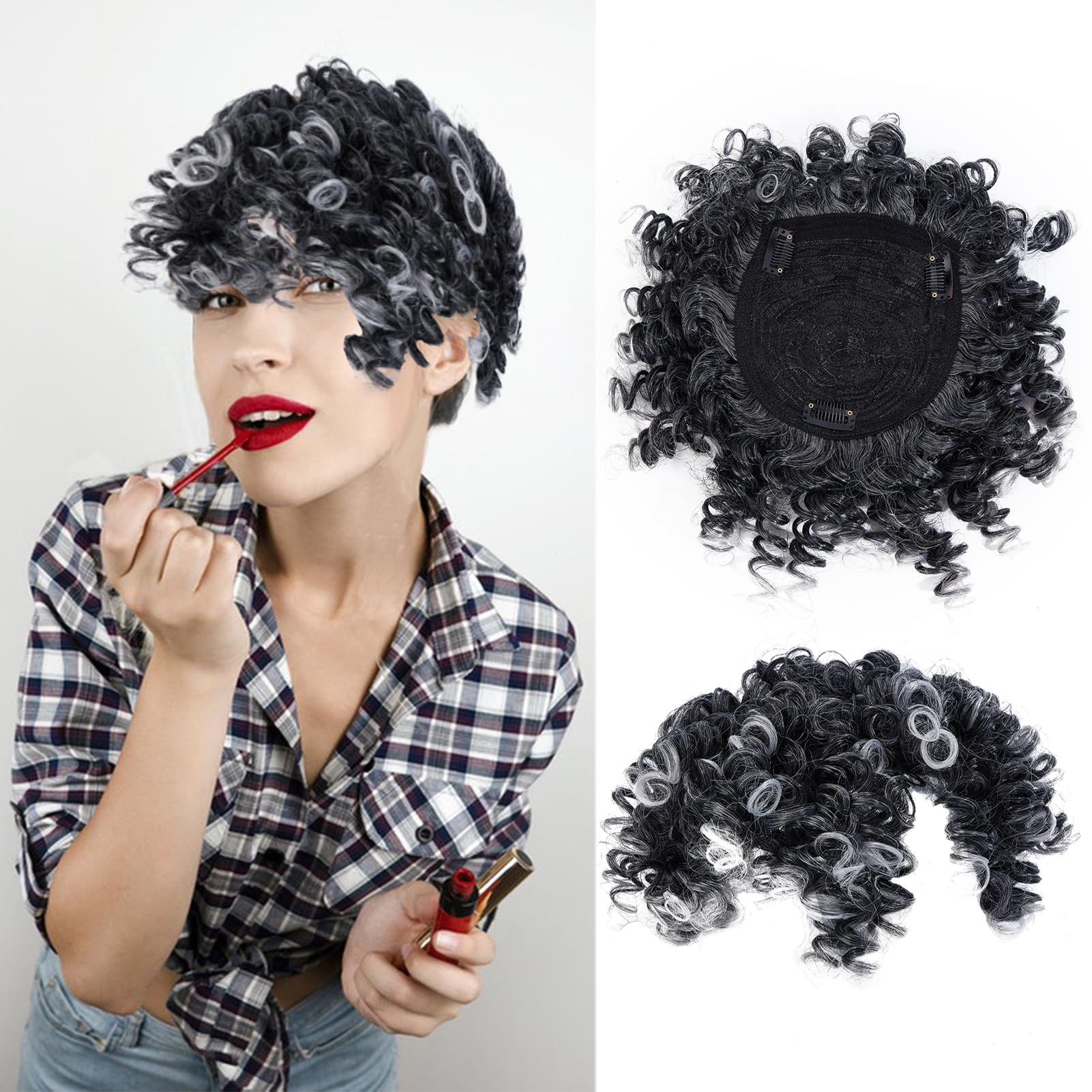 NICENEEDED Gray Curly Hair Topper, Short Natural Fake Clip-in Hair Piece Wigs