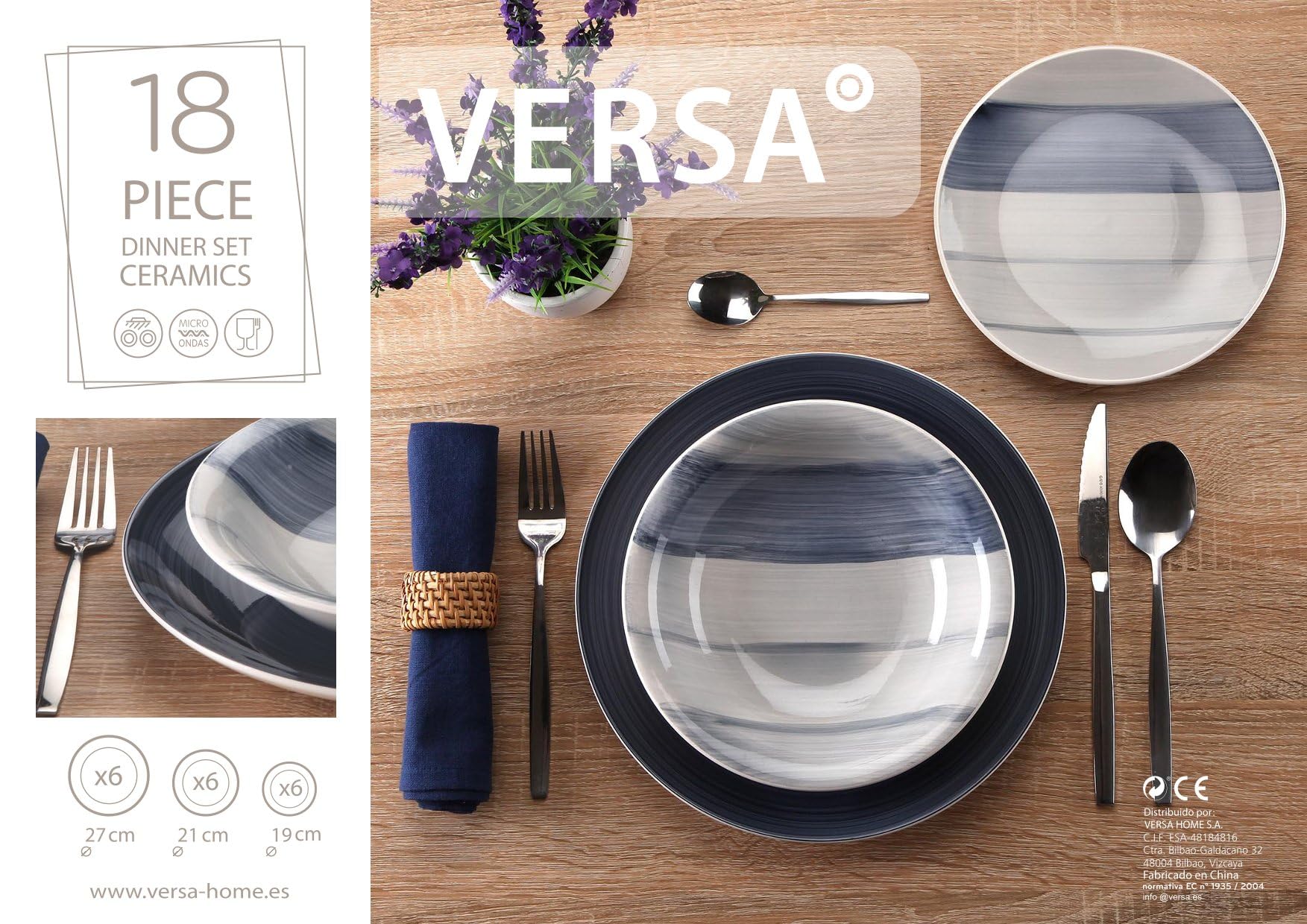 Versa Vajilla 18 Piezas, Estilo Moderno, 3x26,5x26,5 cm, Porcelana, Azul