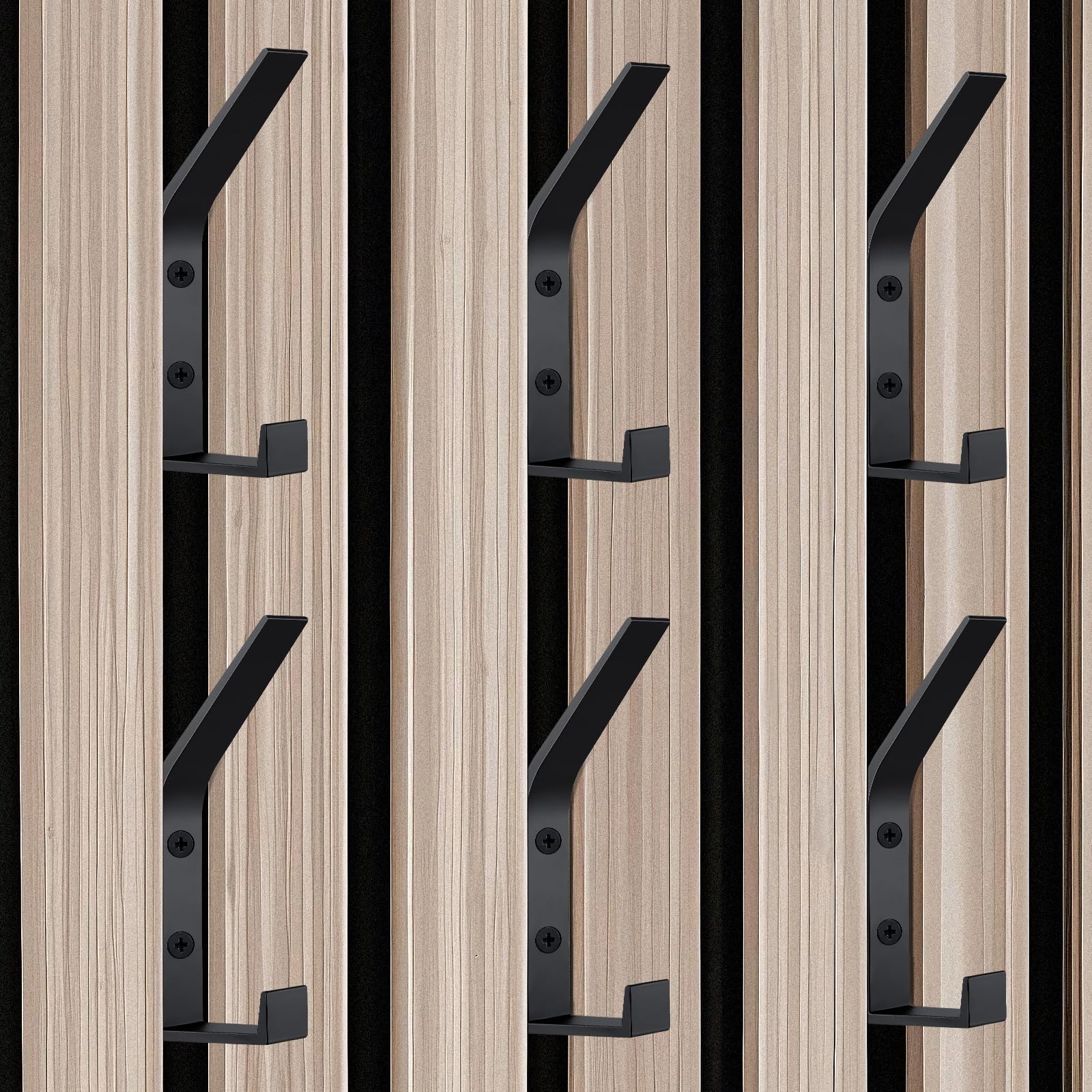 Kssvzz 6 Stück Haken für Akustikpaneele, Doppelter Garderobenhaken für Schlafzimmer, Wohnzimmer, Badezimmer, Kleiderhaken Wandpaneele für Jacken, Mäntel und Hut - Schwarz, Aluminium, 13mm