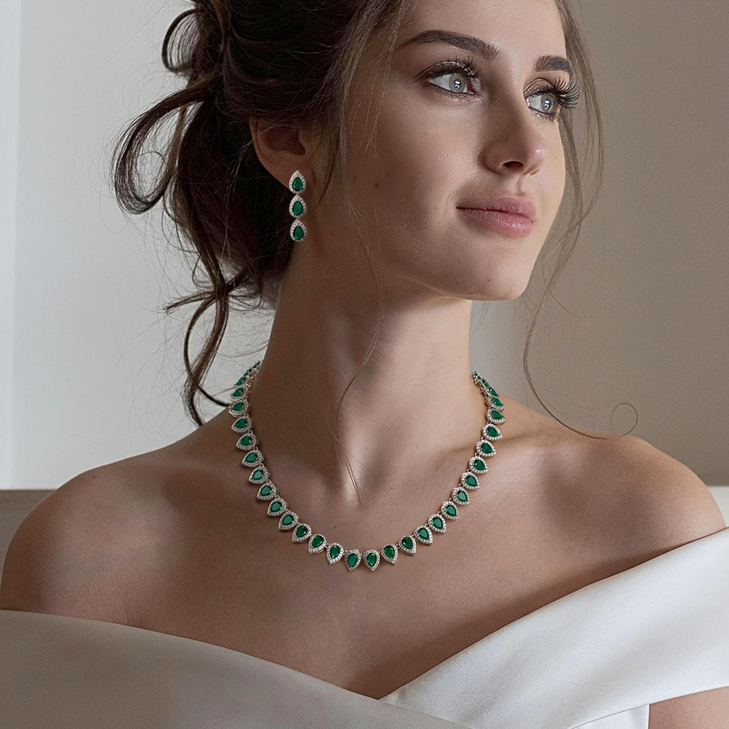 EleQueen Women's Silver-Tone Full Prong Cubic Zirconia Teardrop Bridal Necklace Earrings Set - Image 2