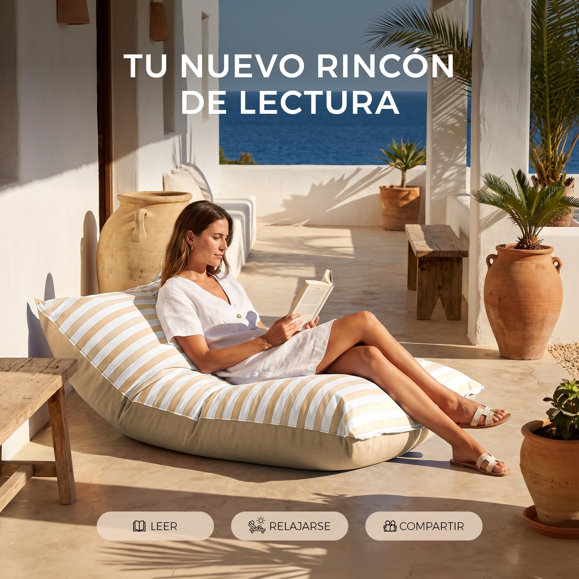 HAPPERS Big Puff Toldotex - Puff Gigante de Exterior e Interior, Puff Flotante para Piscina y Jardín, Tela Resistente al Sol y Agua, Relleno Incluido, Desenfundable y Lavable, 127x155 cm, Beige