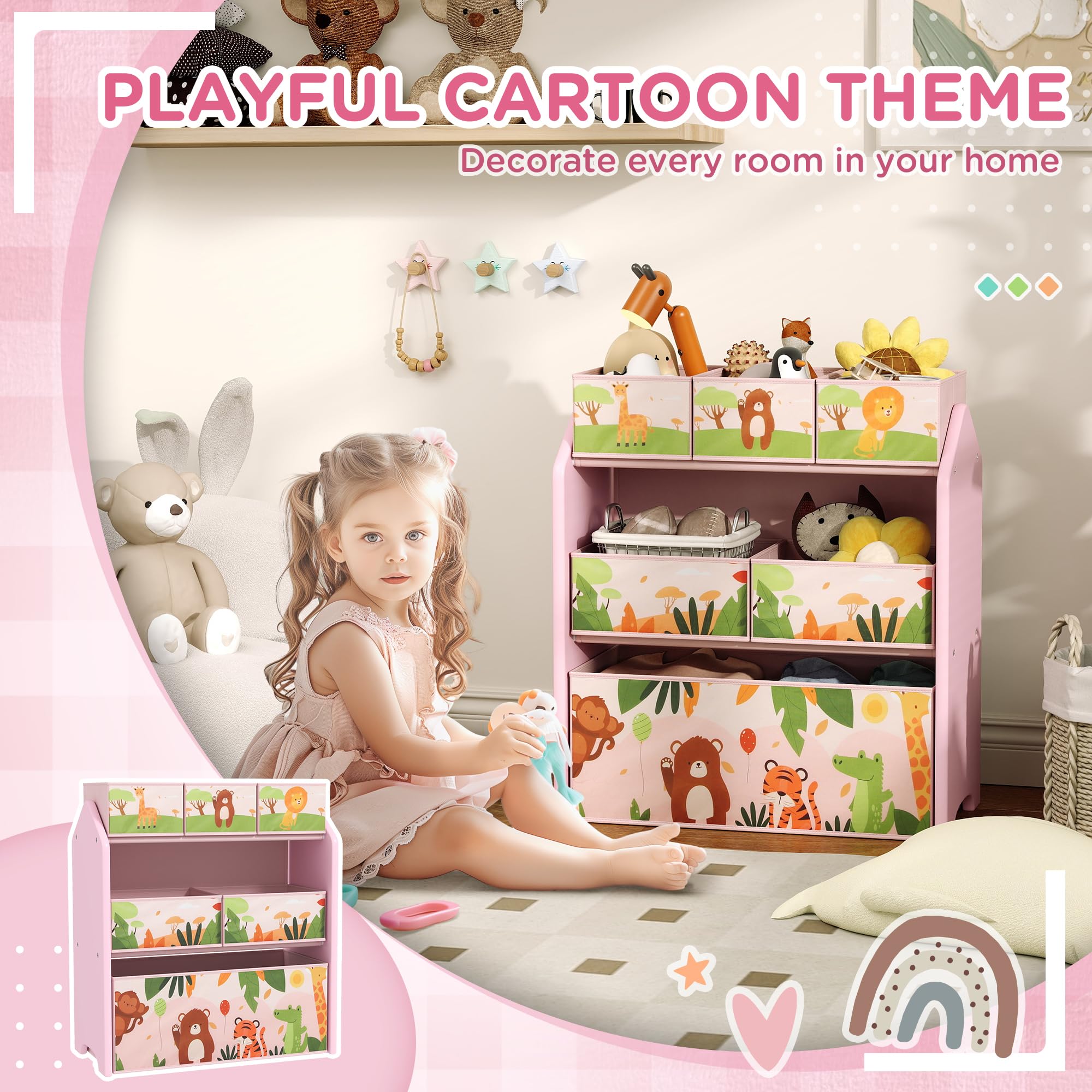 AIYAPLAY Unidad almacenaje 3 Niveles Estante Juguetes Sala Juegos Rosa | 6 cajas de almacenamiento extraíbles, dormitorio, cuarto infantil, cuarto infantil