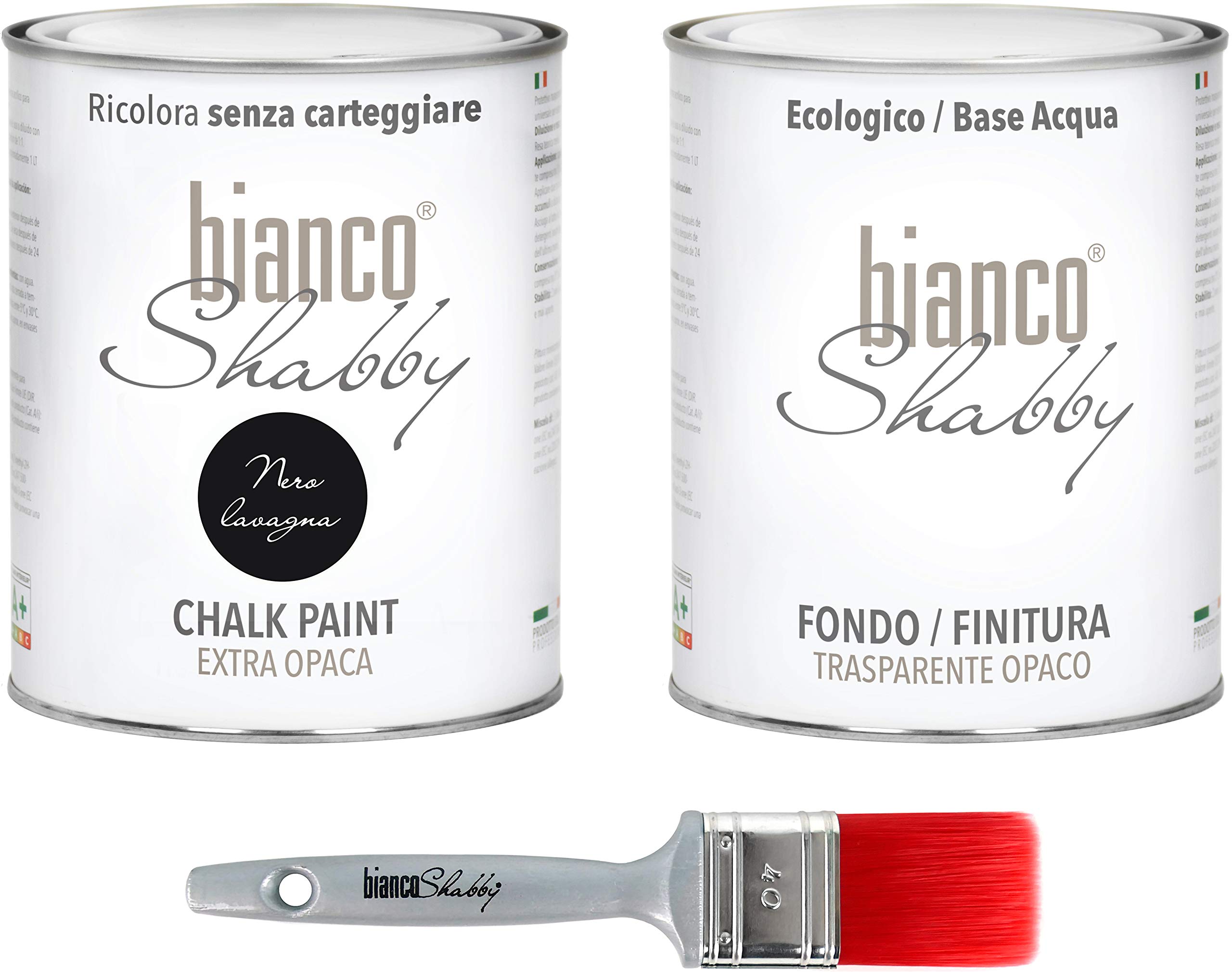 bianco Shabby Pintura a la Tiza para Todas las Superficies - 1 L Chalk Paint Nero Lavagna & 1 L Acabado + Brocha 40mm También para Muebles de Madera - Interior & Exterior