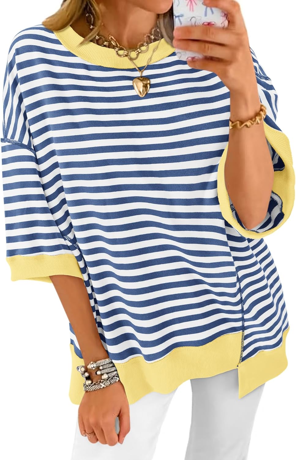 BTFBM Crewneck Oversized Sweatshirt Striped Shirt Women Short Sleeve Summer Tops Casual Color Block High Low T Shirts